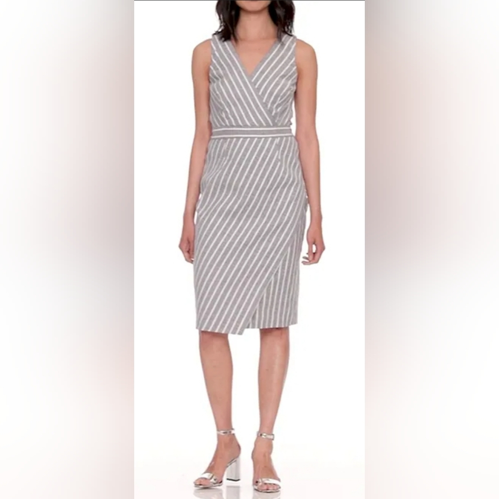 BANANA REPUBLIC LINEN-COTTON SHEATH DRESS SIZE 4 Navy White Striped V Neck Linen